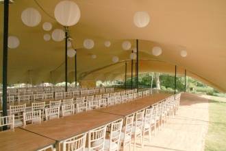 inside 28x15m Stretch tent Wedding Guildford 160 dinning